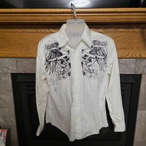 Affliction Style Y2K Skull Vintage Carbou Black Men's Button-Down 100% Cotton